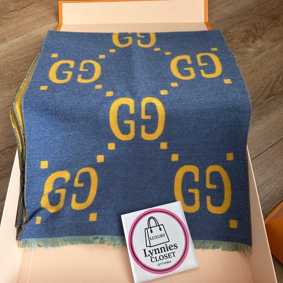 Gucci Other - Authentic Gucci jacquard GG Logo Wool Silk Scarf Blue & Yellow